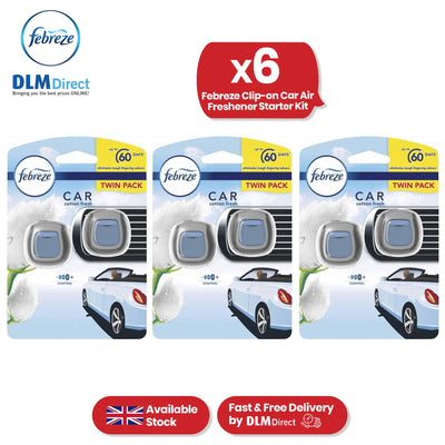 Febreze Clip-On Car Air Freshener - 2ml Cotton Fresh Gel Air Freshener for Bad Smell (Pack of 6)