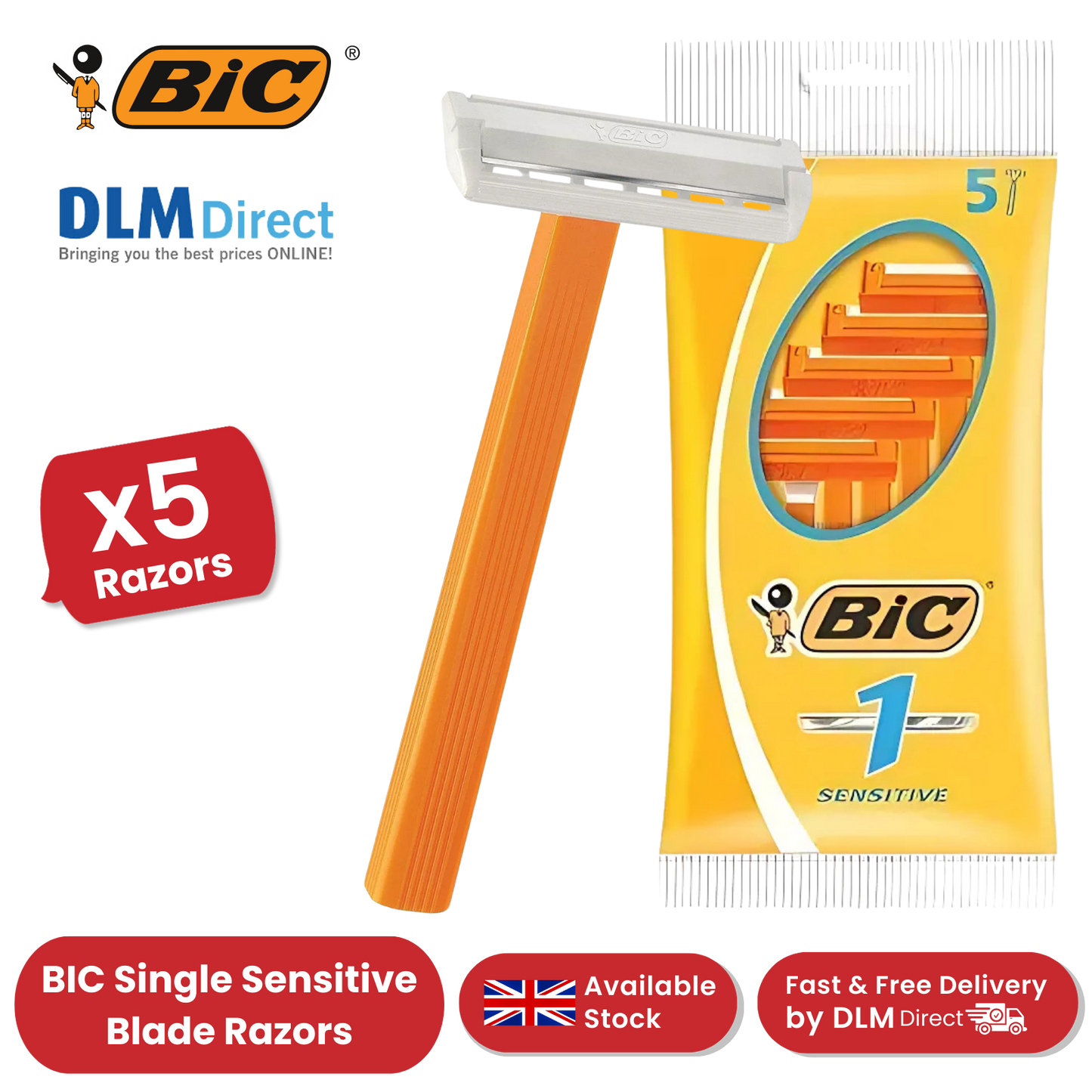 BiC Single Blade Sensitive Razors for Sensitive Skin, Everyday Use - Pack of 5