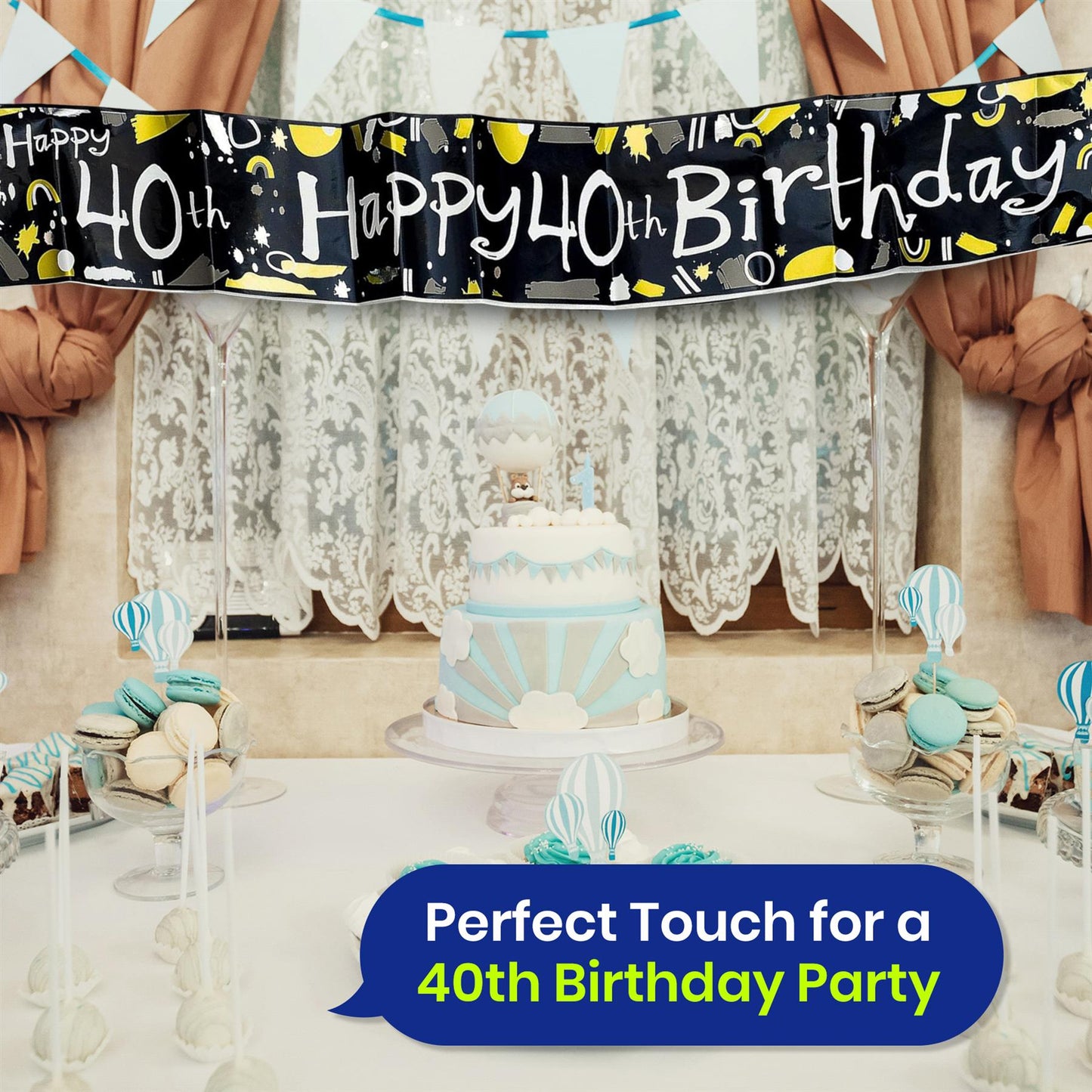 Black and White 40th Birthday Banner and Bunting Decor Set for Party Spaces