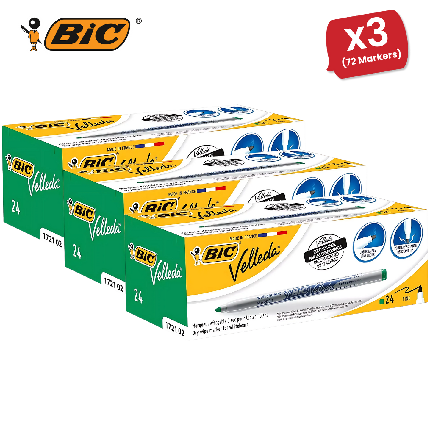 BiC Velleda 1721 Green Dry-Wipe Whiteboard Markers for Bold, Clean Writing, x24