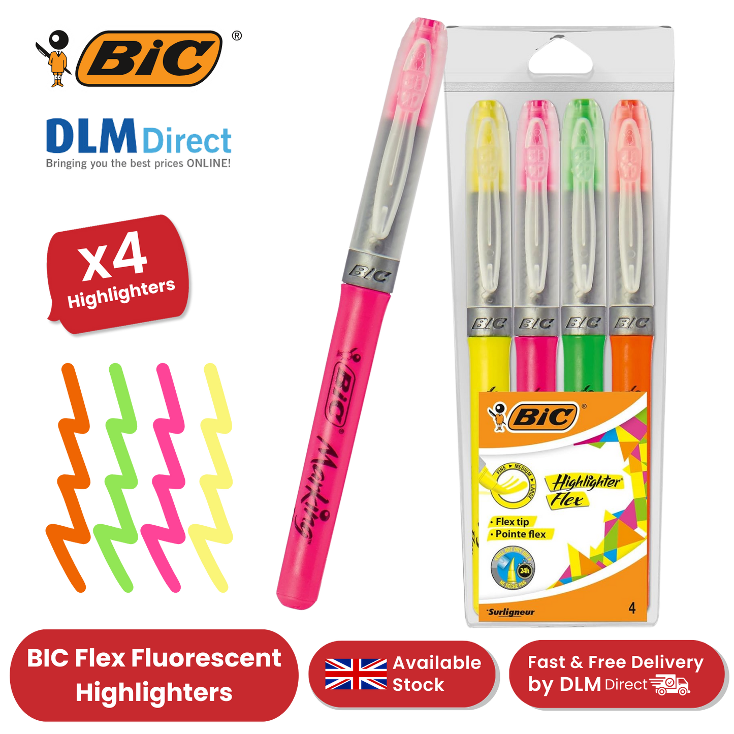 BIC Flex Assorted Fluorescent Highlighters - Pack of 4