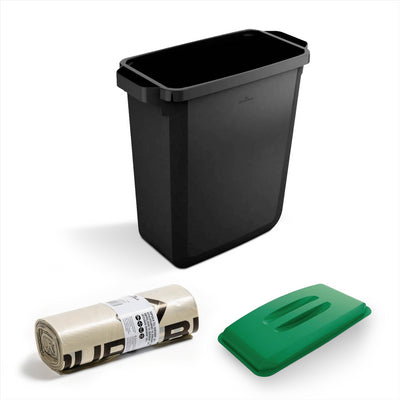 DURABIN 60L Black Bin Set and Green Lid and 25x 110L Recycled Bin Bags