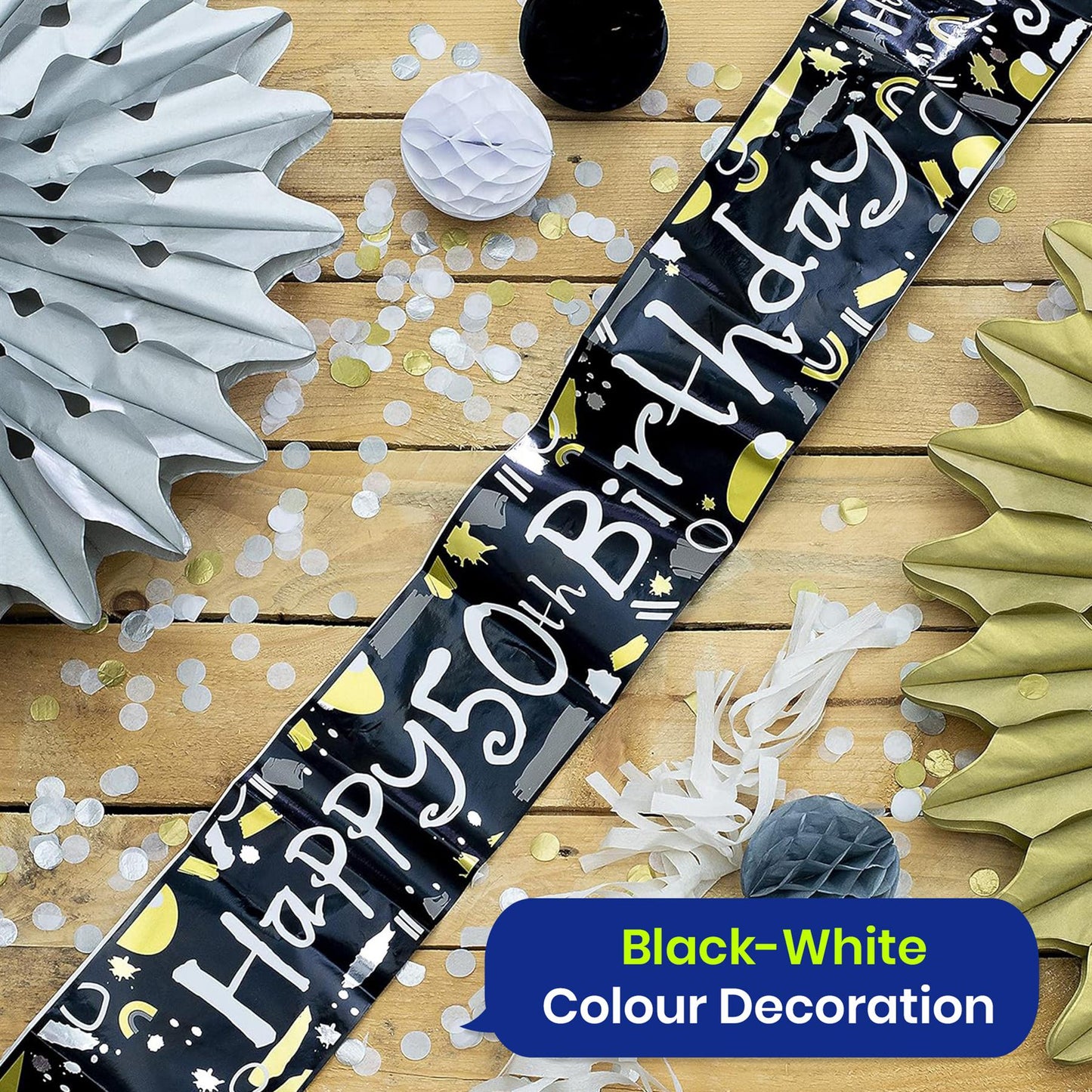 Happy 60th Birthday Black and White Banner 2.6m Party Decor for Milestone Celebration