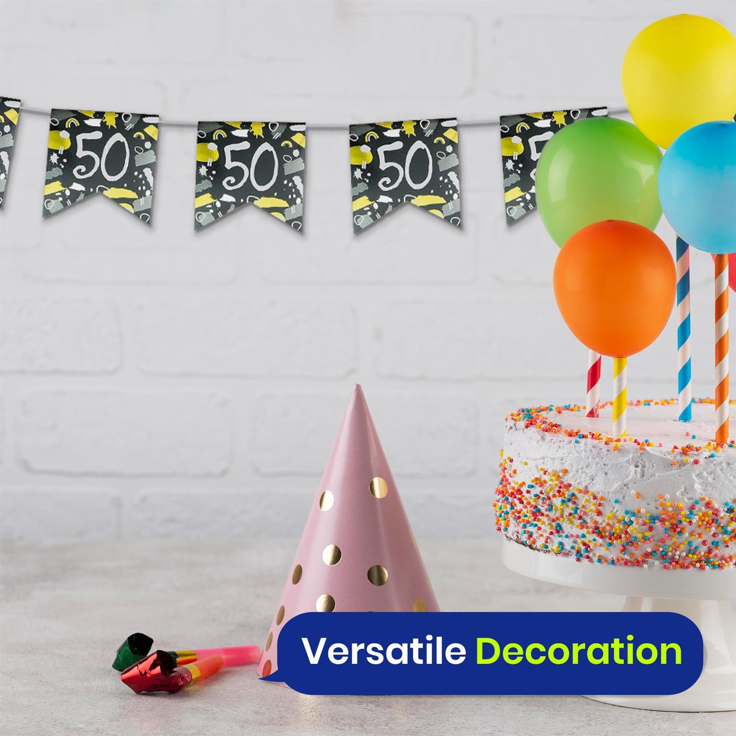Happy 50th Birthday Black and White Bunting 4M Party Banner with 10 Flags Durable