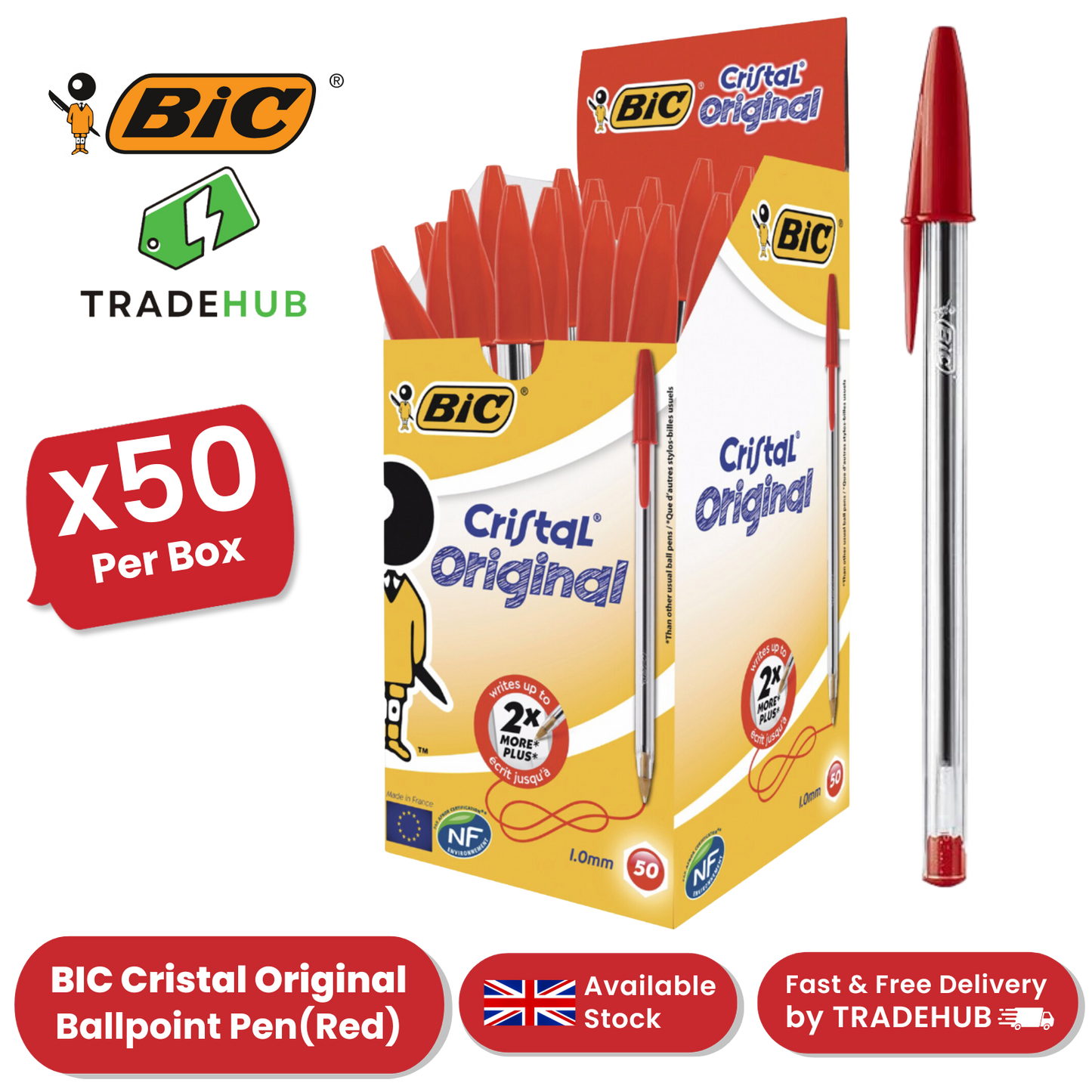 BIC CRISTAL MEDIUM BALL POINT PEN RED - BOX OF 50 - 1 to 5 Packs