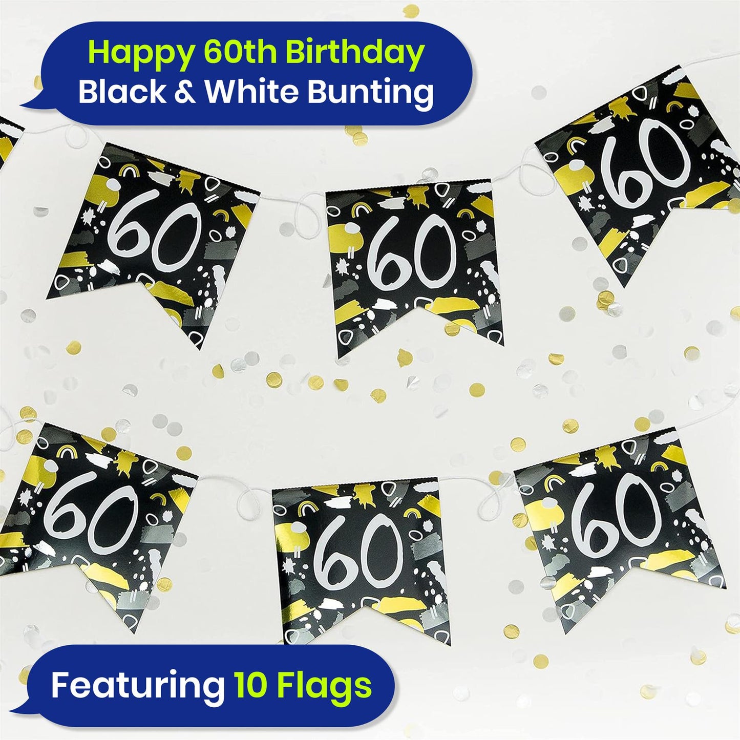 Happy 60th Birthday Black and White Bunting 4M Party Banner with 10 Flags Durable