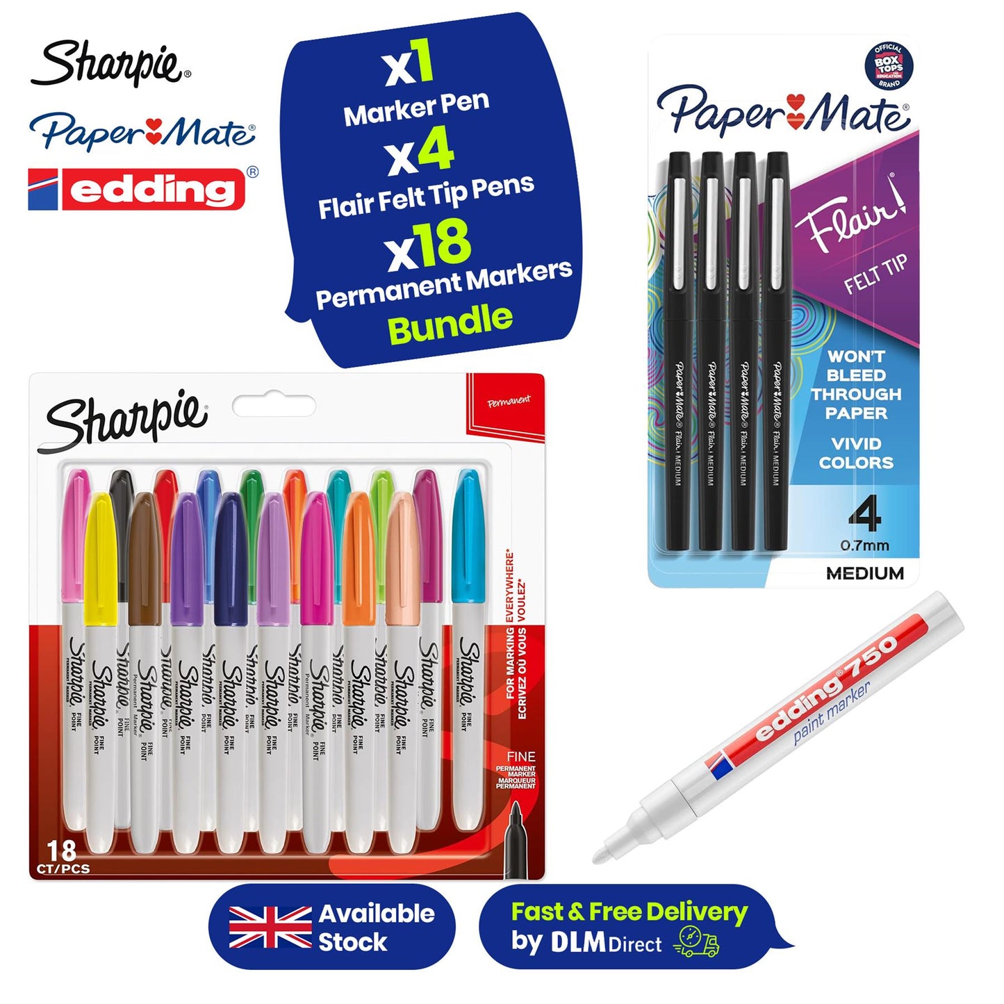 edding 750 PAINT MARKER PEN WHITE pack of 1 + Sharpie Permanent Markers  pack of 1 per pack 18 + Paper Mate black Flair Felt Tip Pens pack of 4 pens
