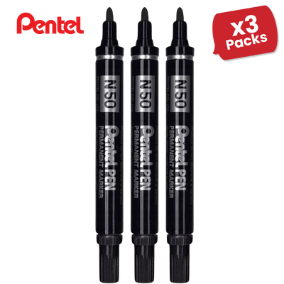 Pentel N50 Permanent Marker Bullet Tip 1.5-2mm Line Black Ref N50-A - 3 Packs