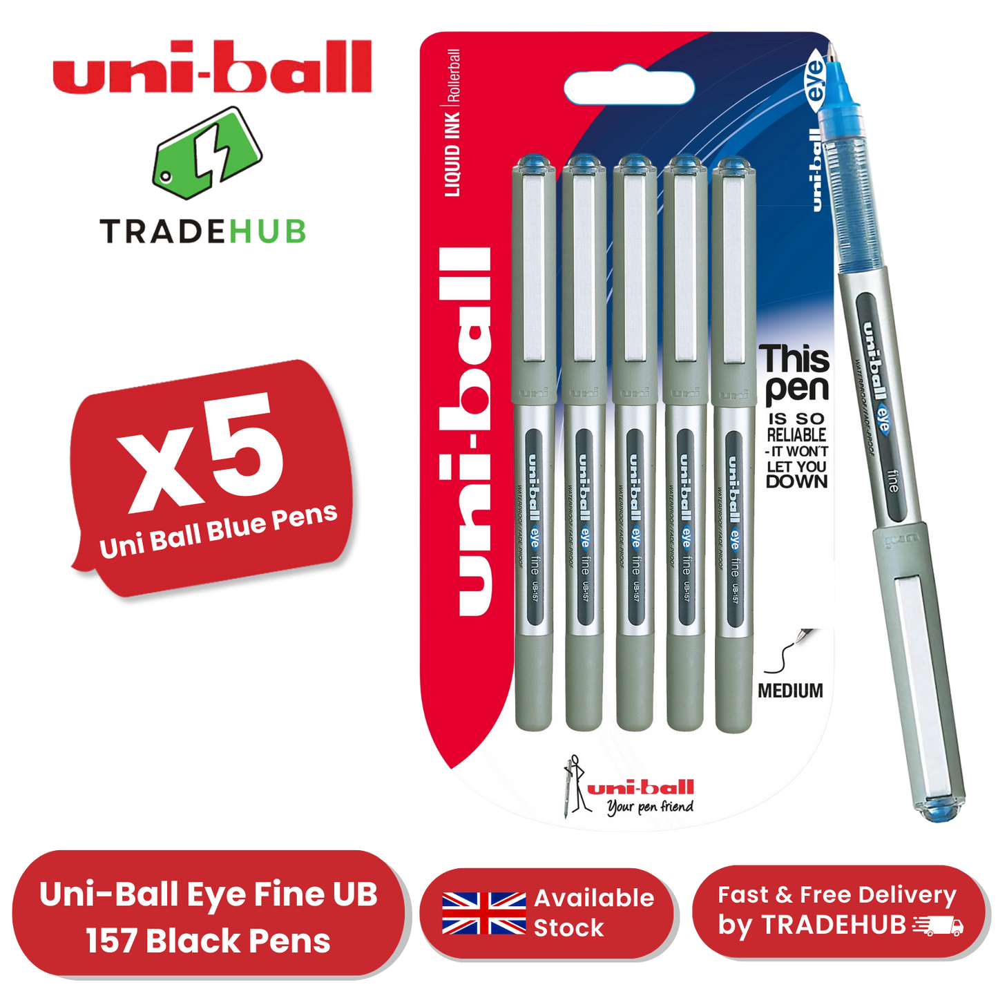Uni-Ball Eye UB-157 Fine Rollerball Smooth Waterproof Ink Pack of 5 - Blue Pens