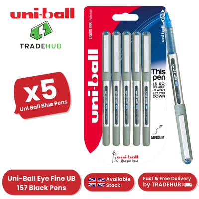 Uni-Ball Eye UB-157 Fine Rollerball Smooth Waterproof Ink Pack of 5 - Blue Pens