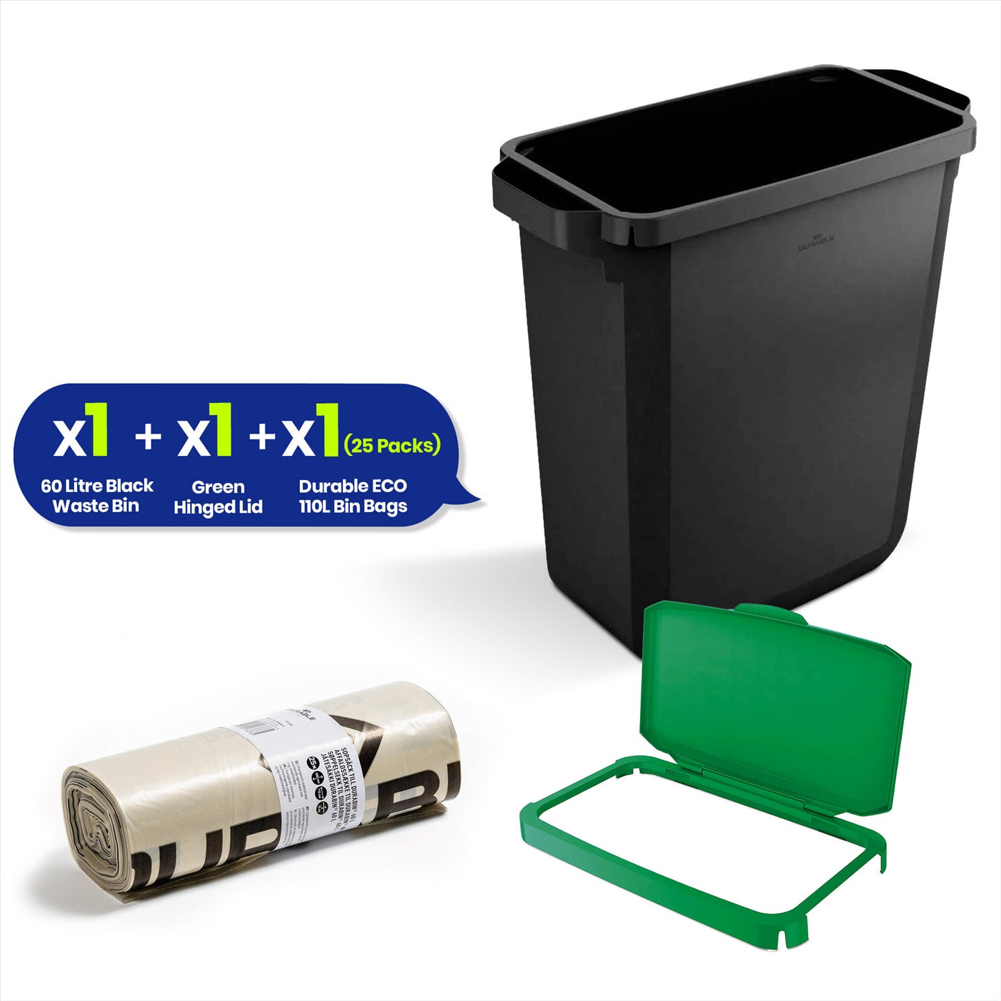 DURABIN 60L Black Bin Set and Green Hinged Lid with 25x 110L Bin Bags