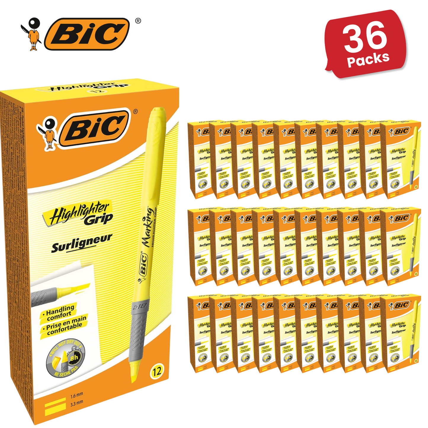 Bic Briteliner Grip Highlighter Pen Yellow - Pack of 12