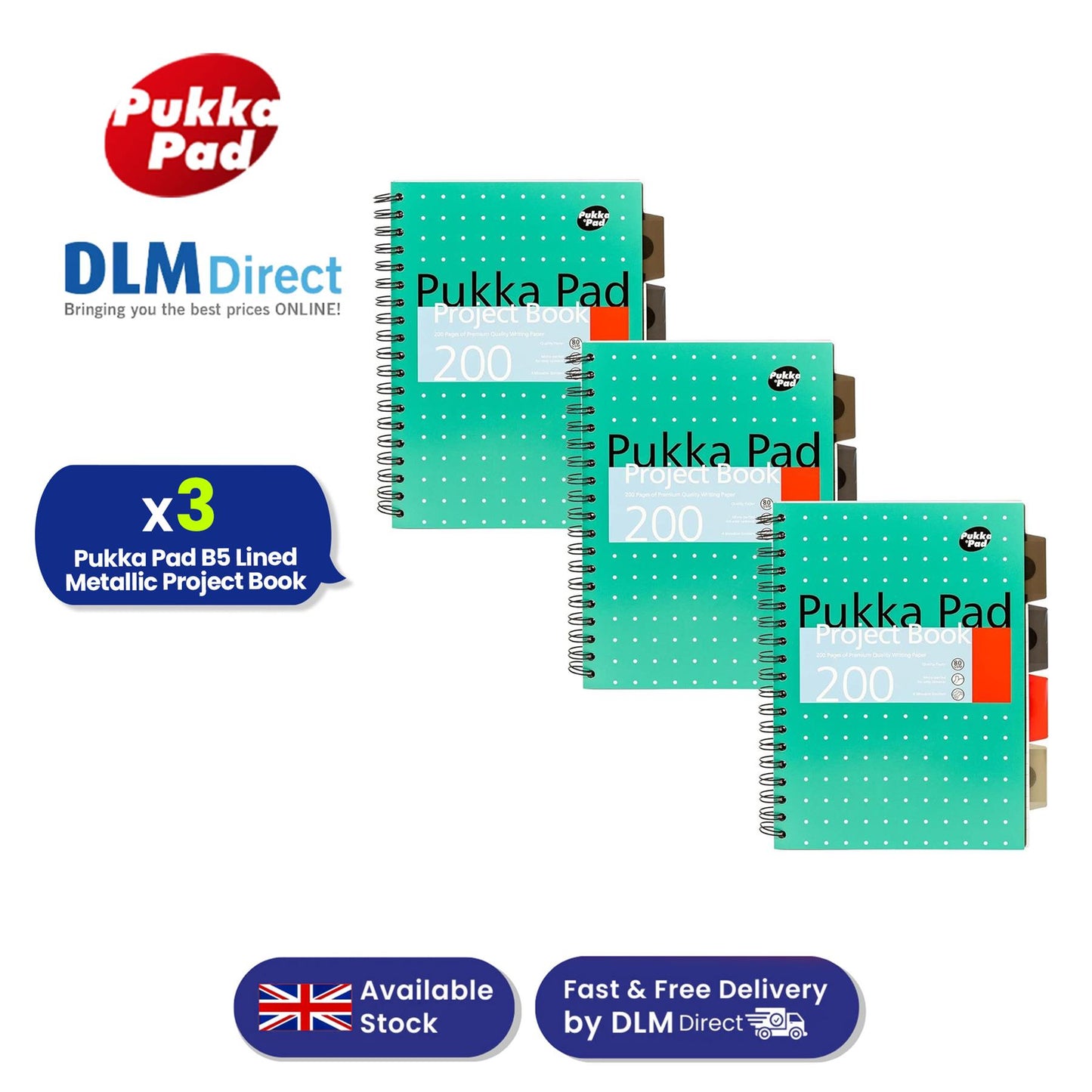 Pukka Pad B5 Project Book 200 Pages 80GSM, 4 Dividers, Metallic Green, Pack of 3