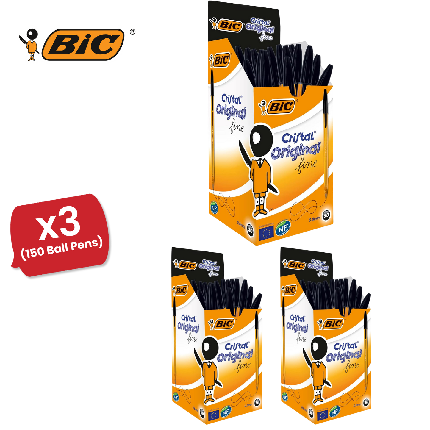 BIC CRISTAL FINE BALL POINT PEN BLACK - PACK OF 50 - 1 to 5 Packs