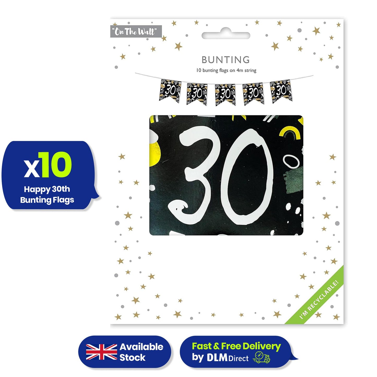 Happy 30th Birthday Black and White Bunting 4M Party Banner with 10 Flags Durable