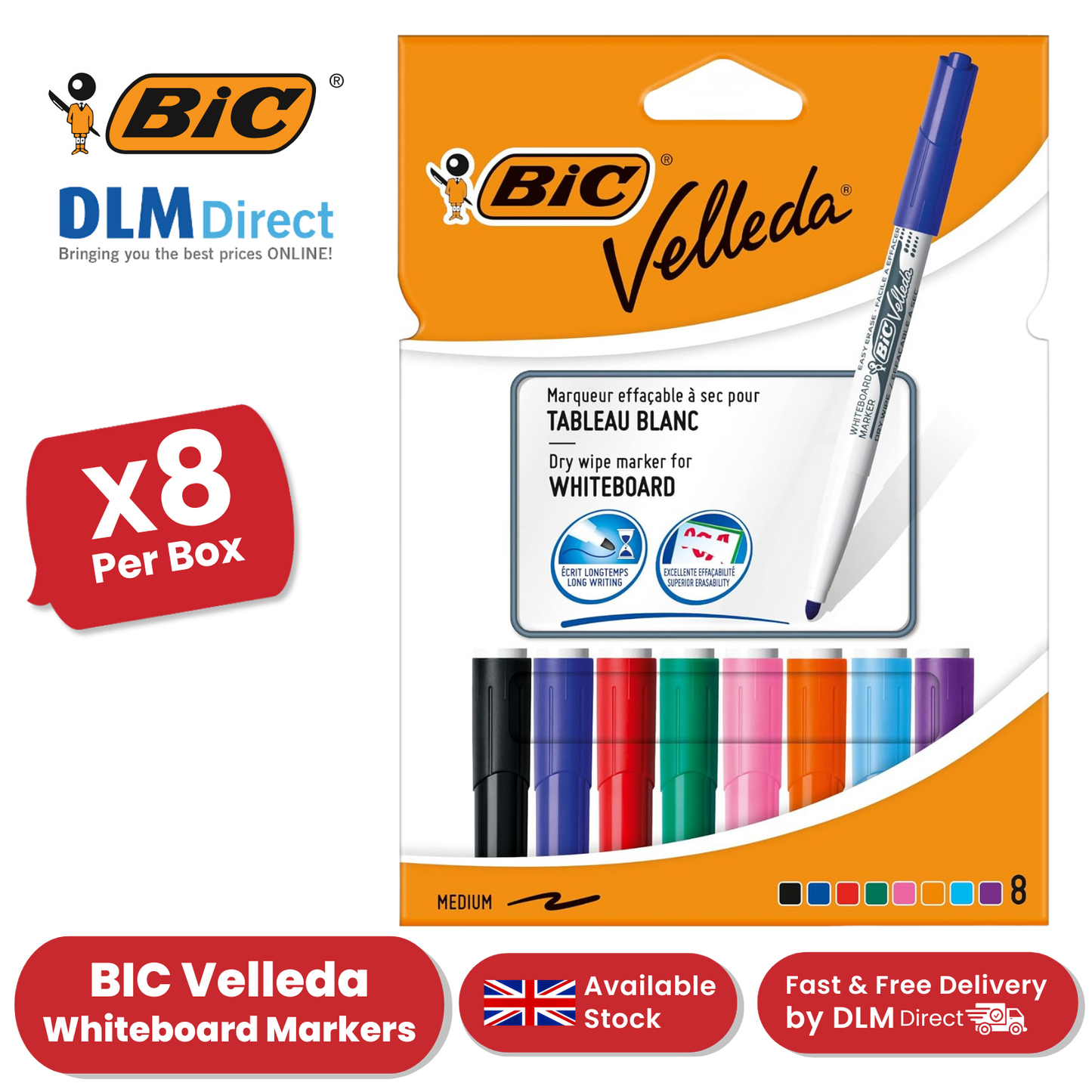 Bic Velleda 1741 Whiteboard Drywipe Assorted Marker - Pack of 8 - 1 to 5 Packs