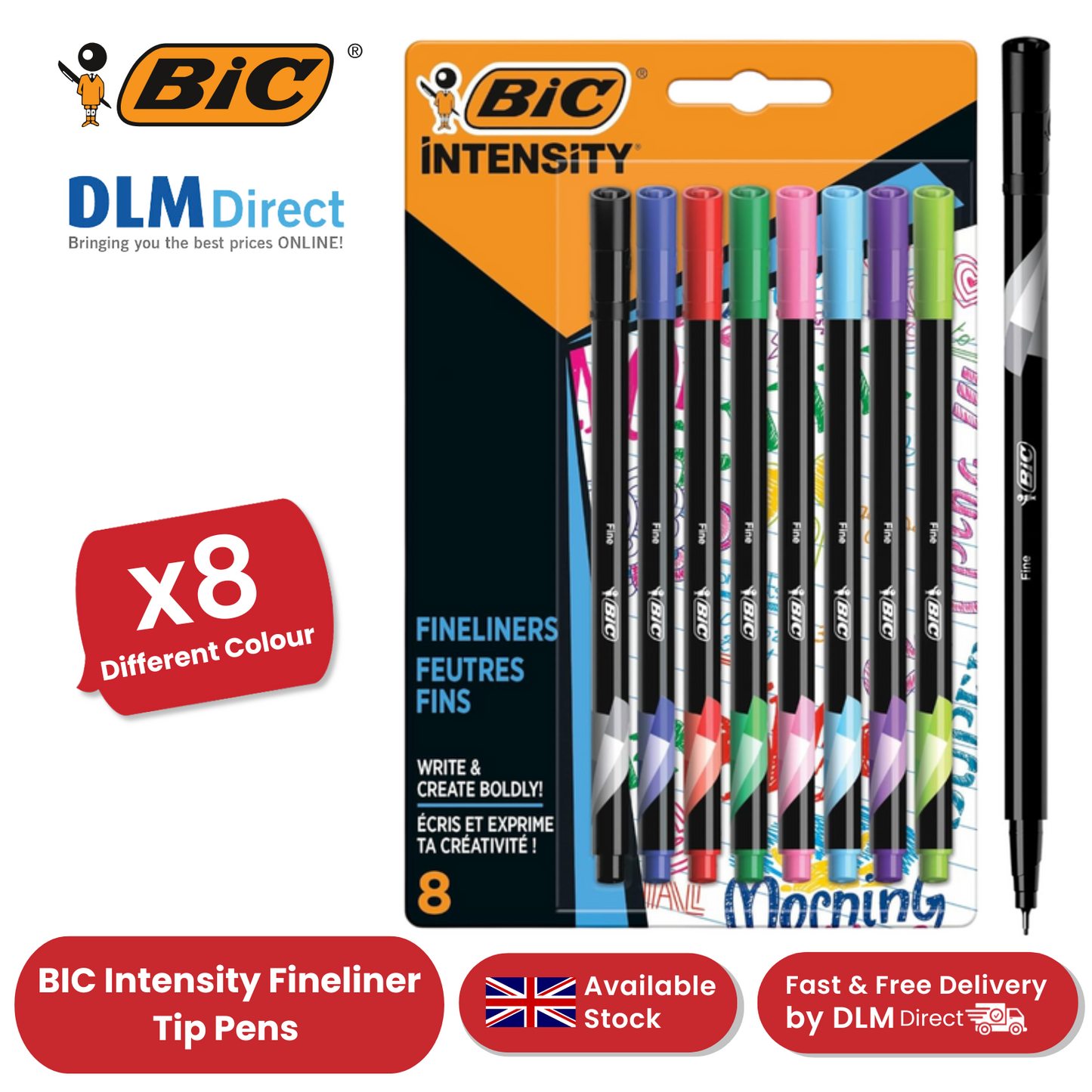 BIC Intensity Fine Felt Tip Pens Fine Point Assorted Colours - Pack of 8