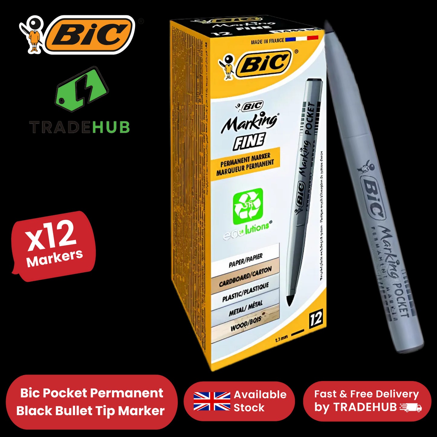 Bic Pocket Permanent Black Bullet Tip Marker (Pack of 12) 8209021 - 1 to 5 Packs