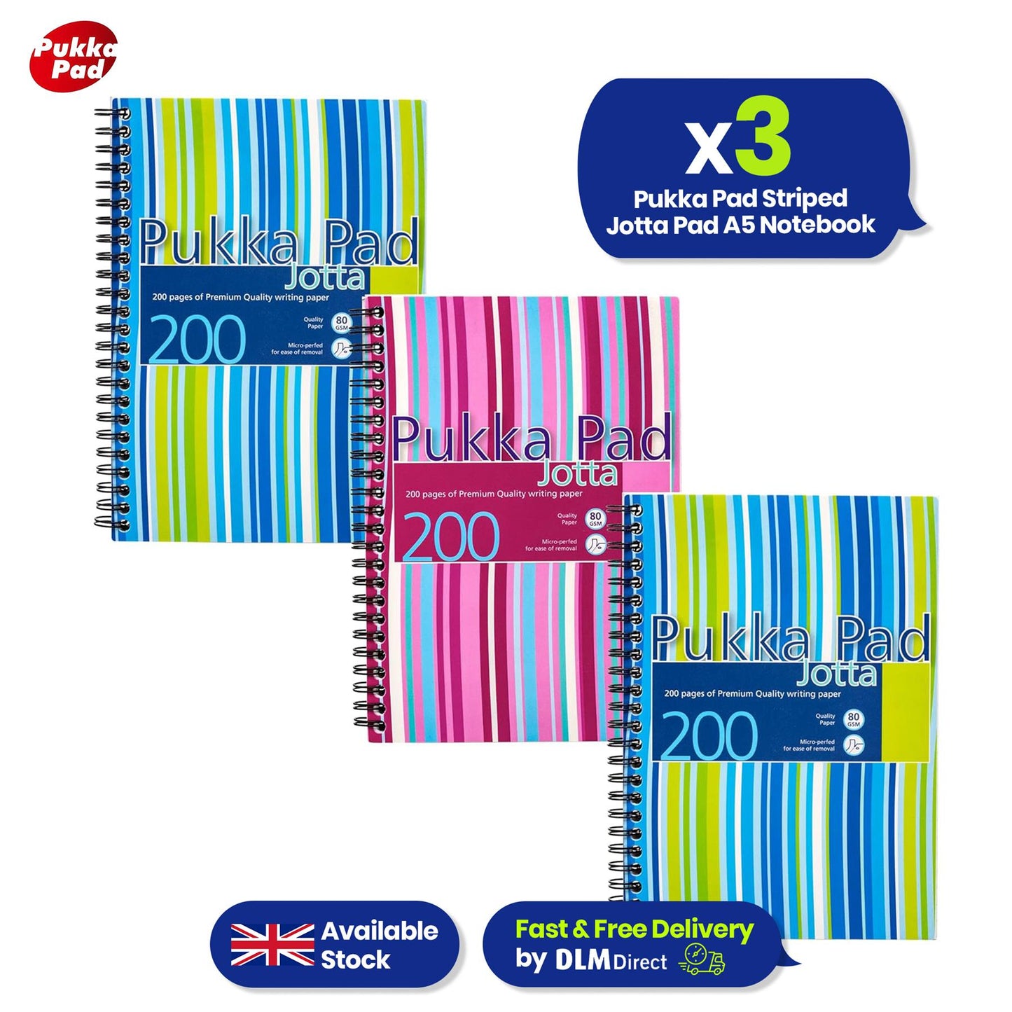 Pukka Pad, Striped Jotta Pad A5 Notebook 3-Pack with Twin Wire Binding - 200 Pages of 80GSM Paper with 8mm Lines and Perforated Edges � Assorted Colours, 21 x 14.5 cm