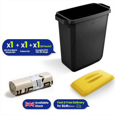DURABIN 60L Black Bin Set and Yellow Lid & 25x 110L Bin Bags