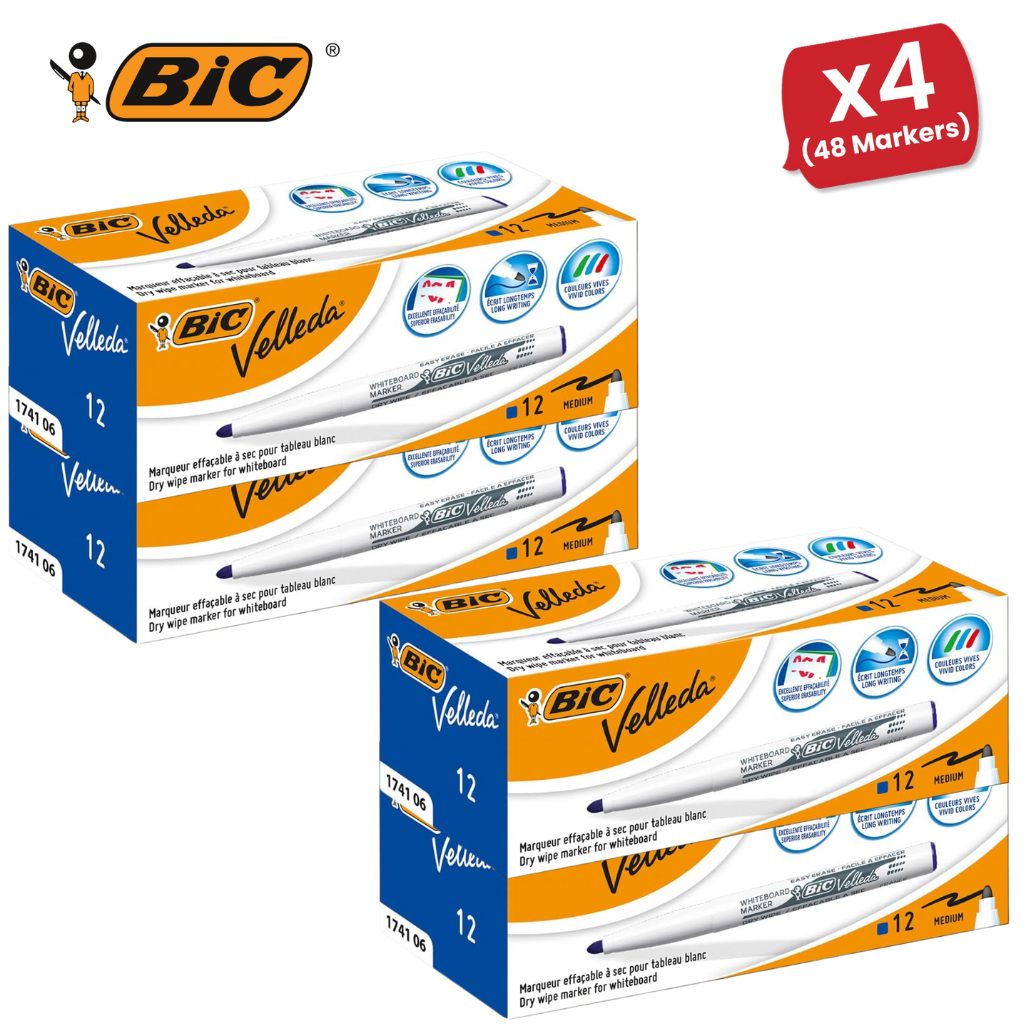 Bic Velleda 1741 Whiteboard Drywipe Markers Blue  - Box of 12 - 1 to 5 Packs