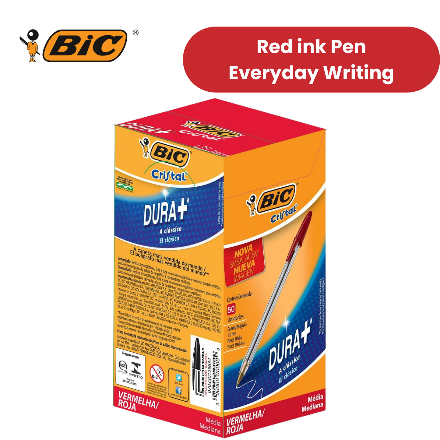 BIC CRISTAL MEDIUM BALL POINT PEN RED - BOX OF 50 - 1 to 5 Packs