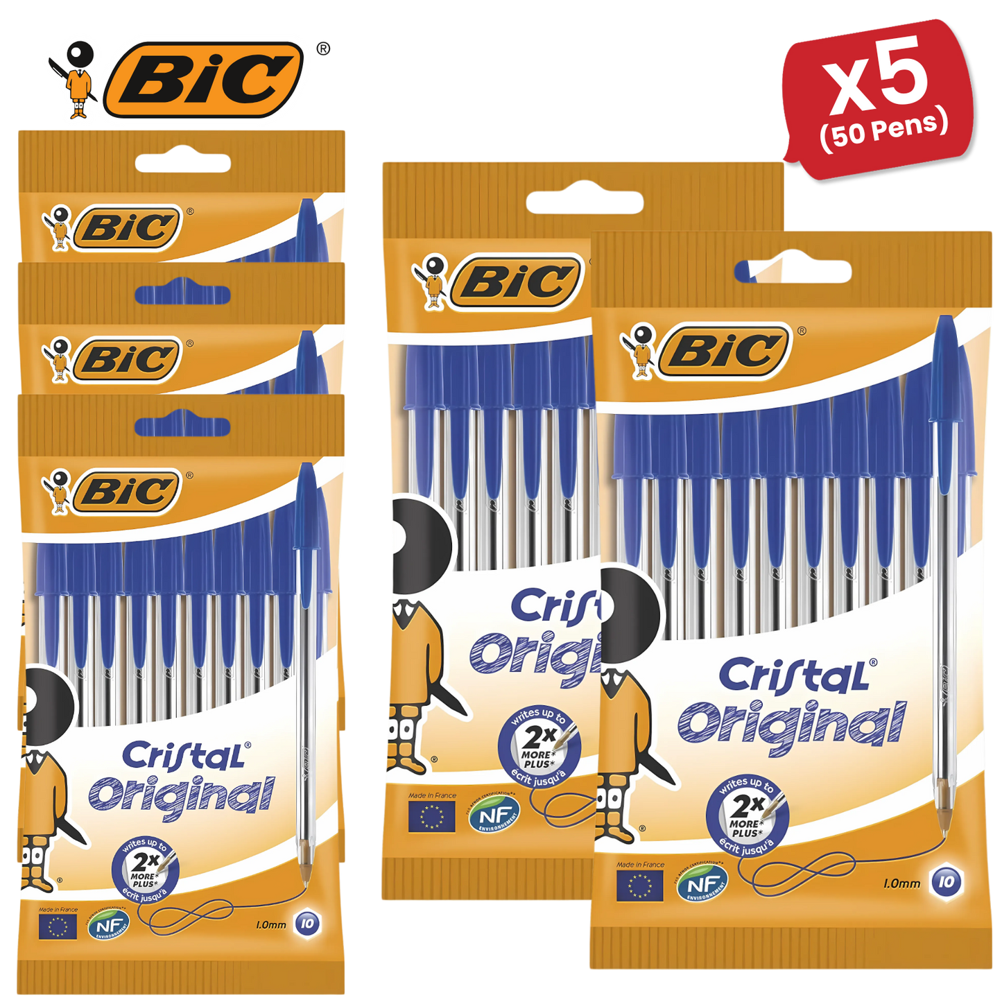 BIC Cristal Original Ballpoint Pens Medium Point (1.0 mm) Blue, Pouch of 8 - 1-5