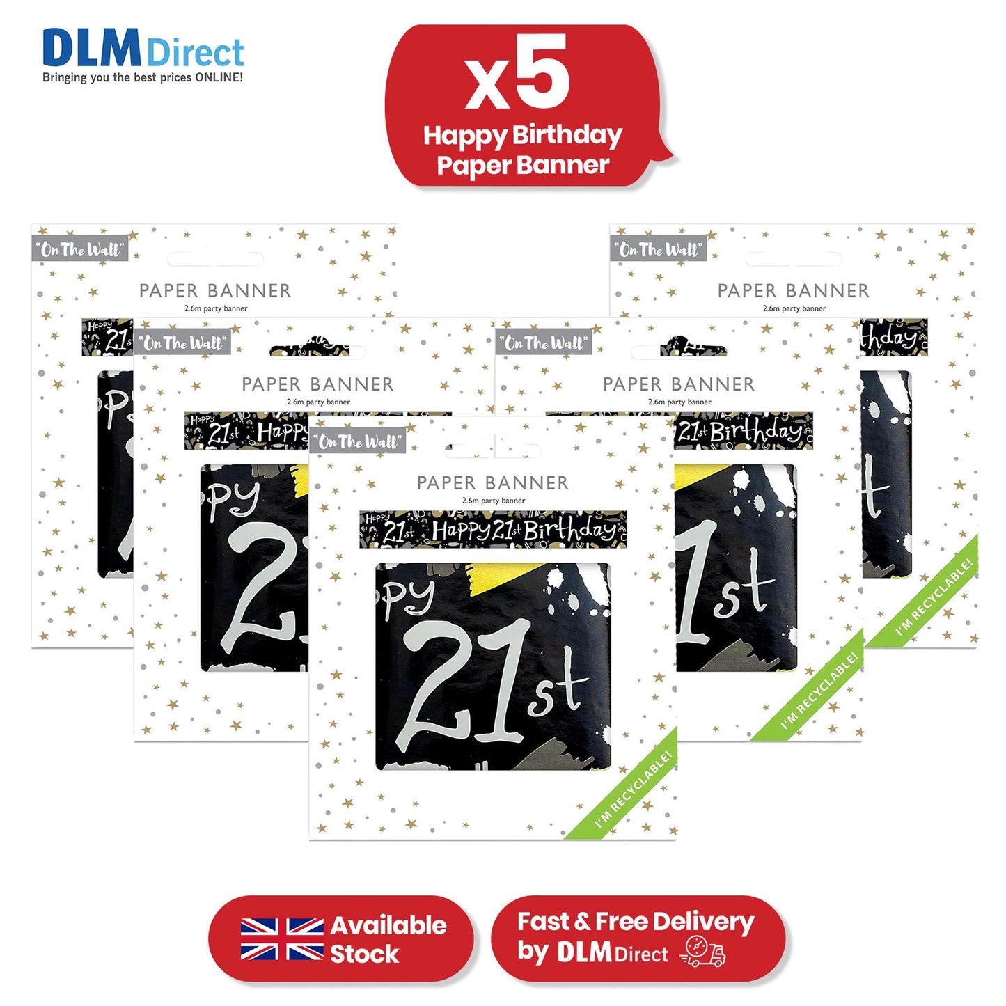 Happy 21st Birthday Black and White Recyclable Banner - 2.6m