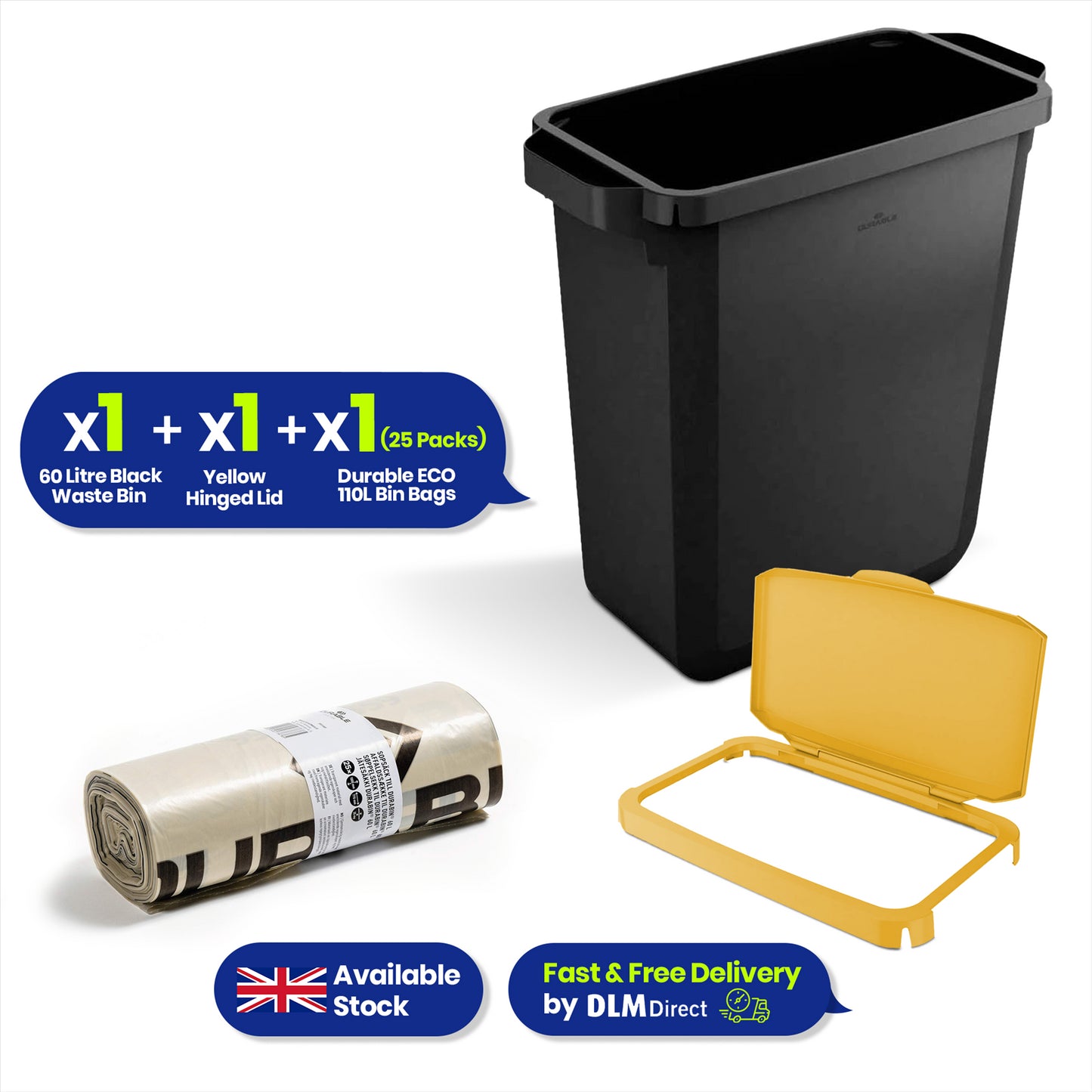 DURABIN 60L Black Bin Set and Yellow Hinged Lid with 25x 110L Bin Bags
