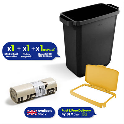 DURABIN 60L Black Bin Set and Yellow Hinged Lid with 25x 110L Bin Bags