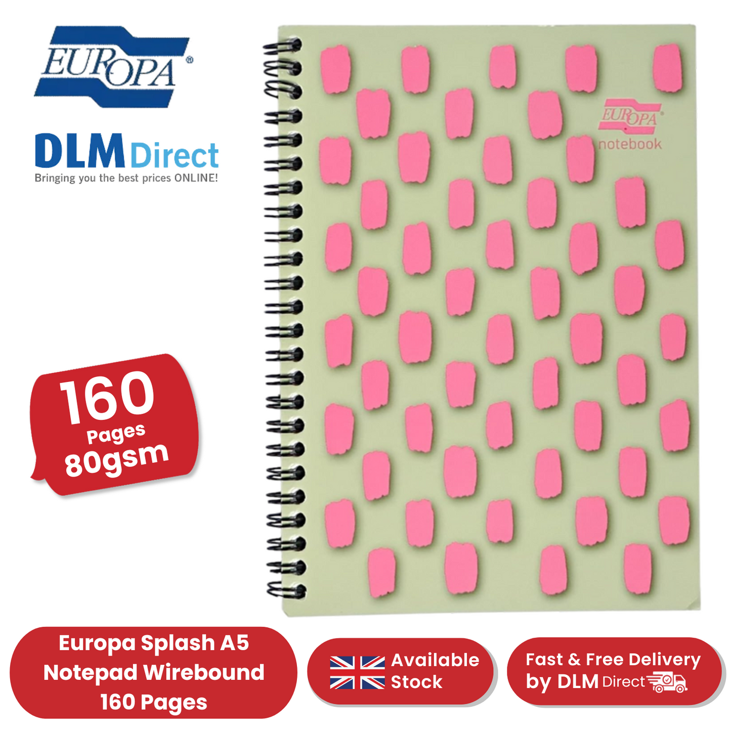 Europa Splash A5 Notepad Wirebound 160 Pages 80gsm FSC Paper Ruled Punched