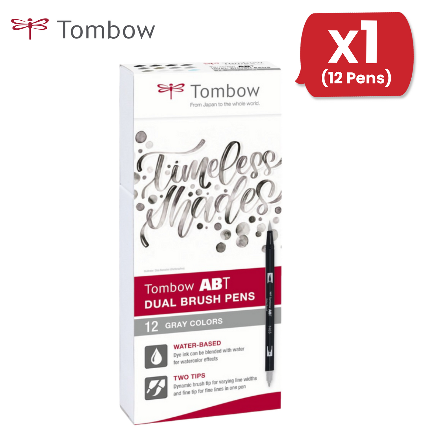 Tombow ABT Dual Brush Pen 2 tips Grey Tones Pack of 12 - 1 to 36 Packs