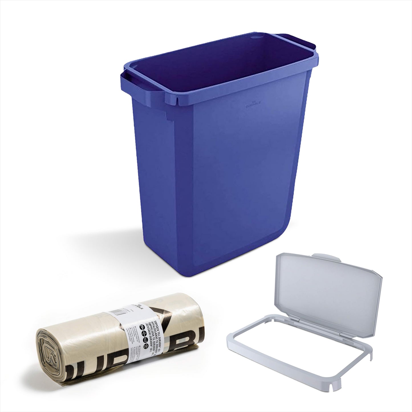 DURABIN 60L Blue Bin Set & Green Hinged Lid and 25x 110L Recycled Bin Bags