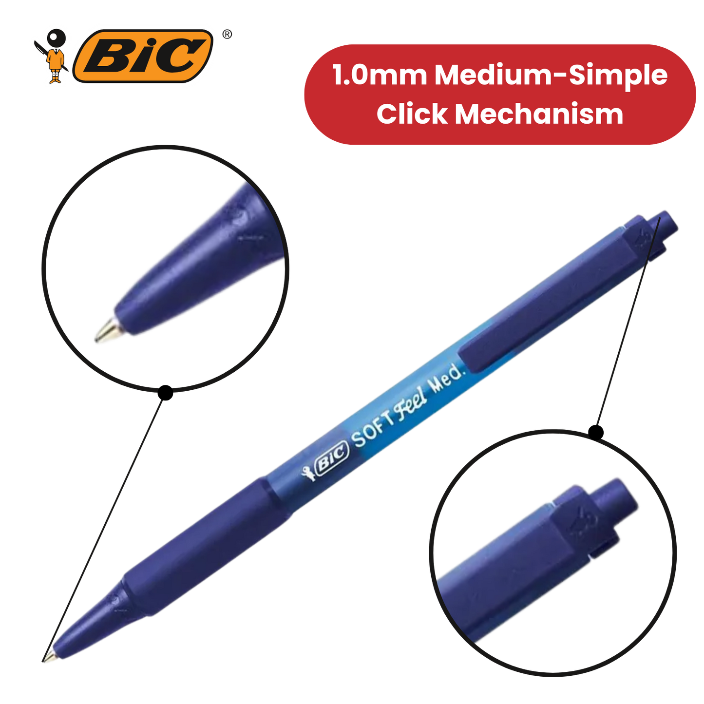 Bic Soft Feel Ballpoint Pens Medium Point (1.0 mm) (Black,Blue,Red), Pack of 3