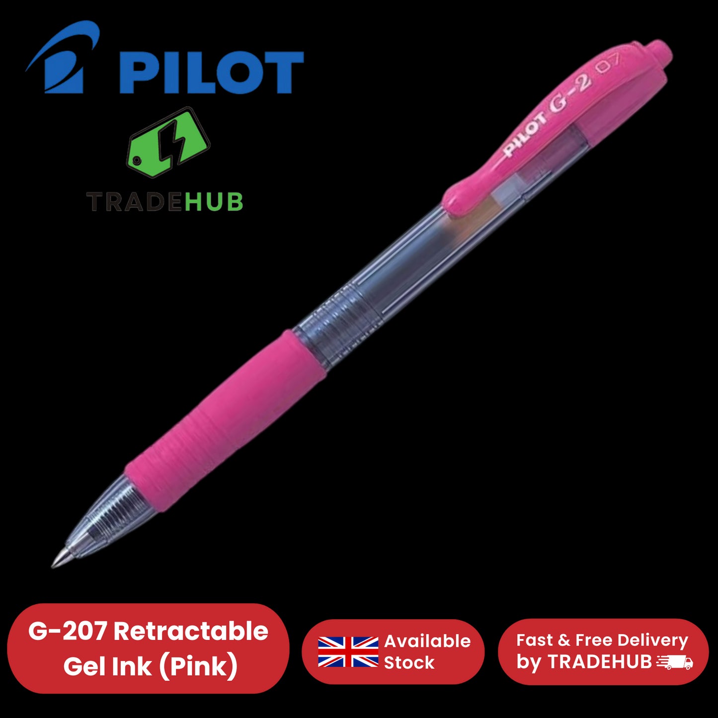 Pilot G-207 Gel Pens Retractable Rollerball Refillable Ergonomic Grip Pink Ink