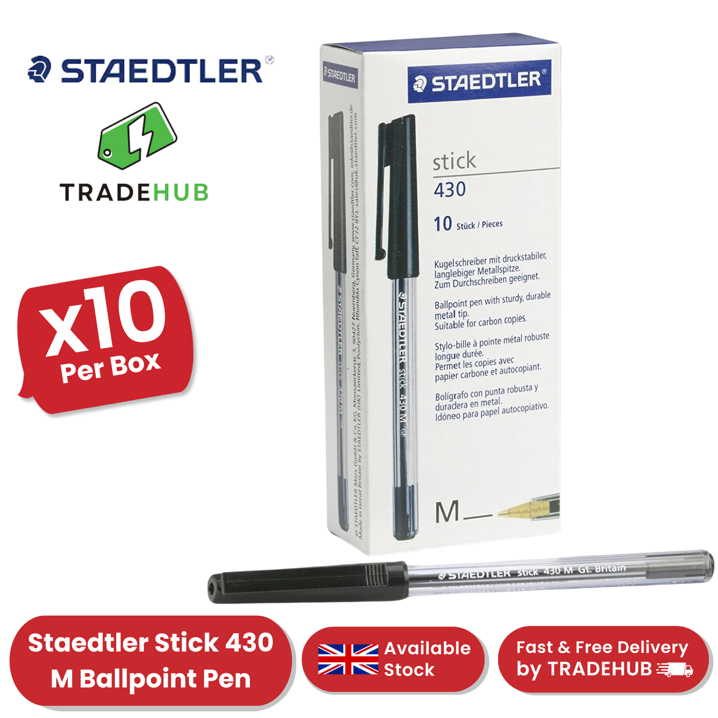 Staedtler Stick 430 M-9 Ballpoint Pen Medium - Black - Pack of 10 - 1 to 5 Packs