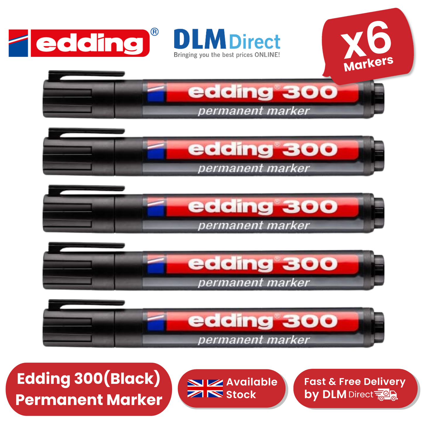 Edding 300 Permanent Marker Bullet 1.5-3mm Black - Pack of 6