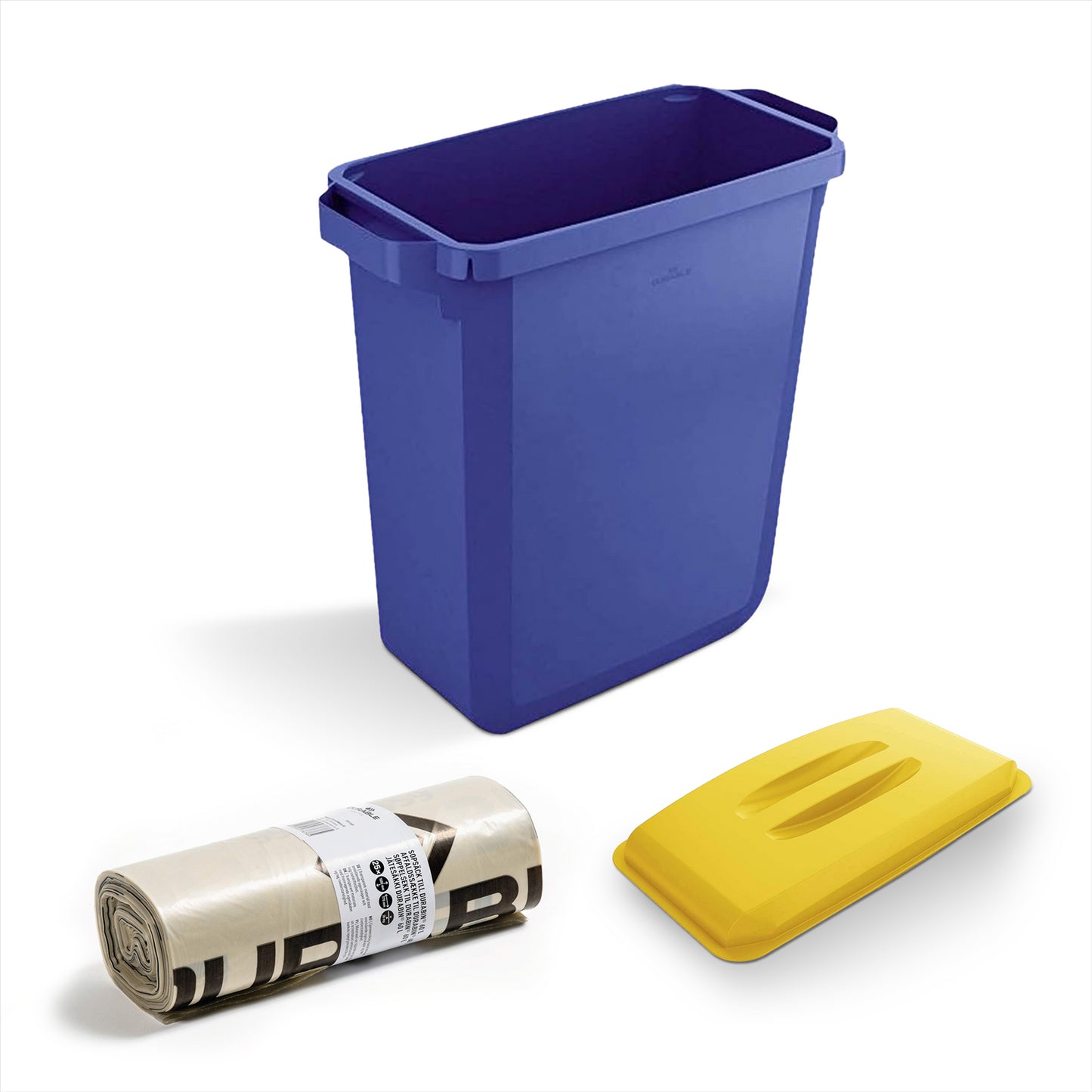DURABIN 60L Blue Bin Set & Yellow Lid and 25x 110L Recycled Bin Bags