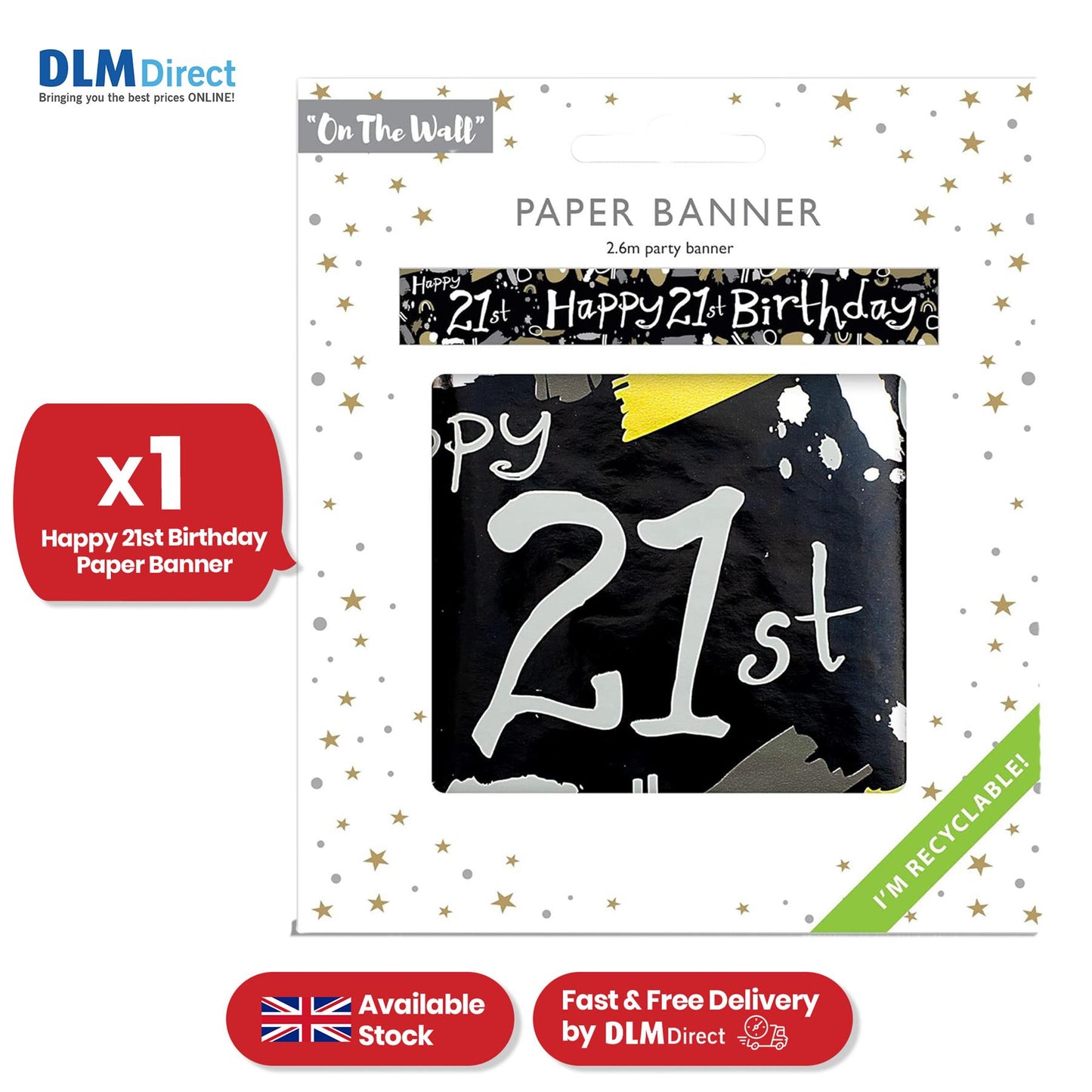 Happy 21st Birthday Black and White Recyclable Banner - 2.6m