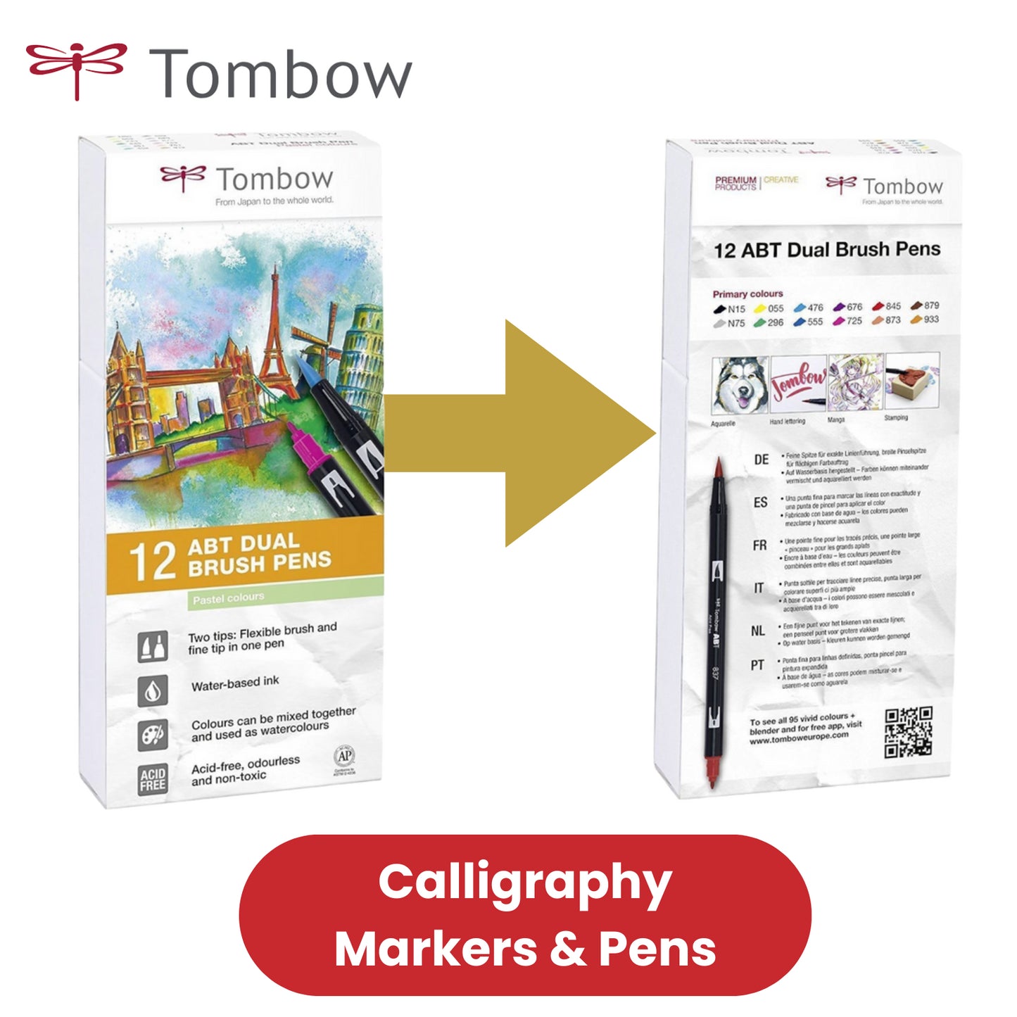 Tombow ABT Dual Brush Pens Pastel Colors Water-Based, Blendable - Pack of 12