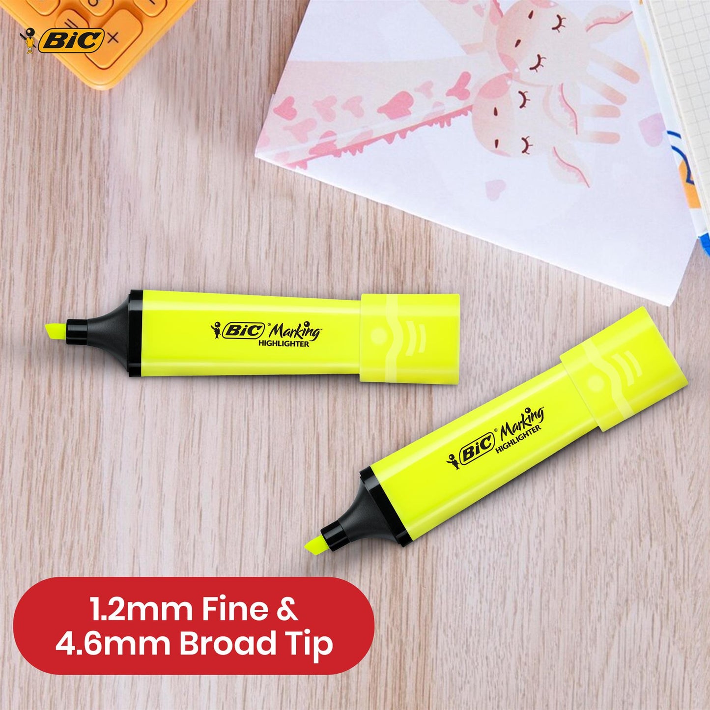 BIC Marking Highlighter Flat Marker Pack of 2 Neon Yellow, Modular Tip for Bold and Precise Tasks, Quick-Dry Ink, Ideal for Work, School, and Projects