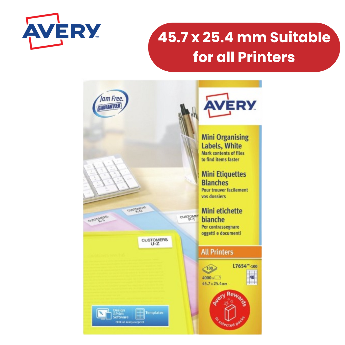 Avery L7654-100 Address Labels, 45.7 x 25.4 mm, Permanent, 40 Labels Per Sheet, 4000 Labels Per Pack
