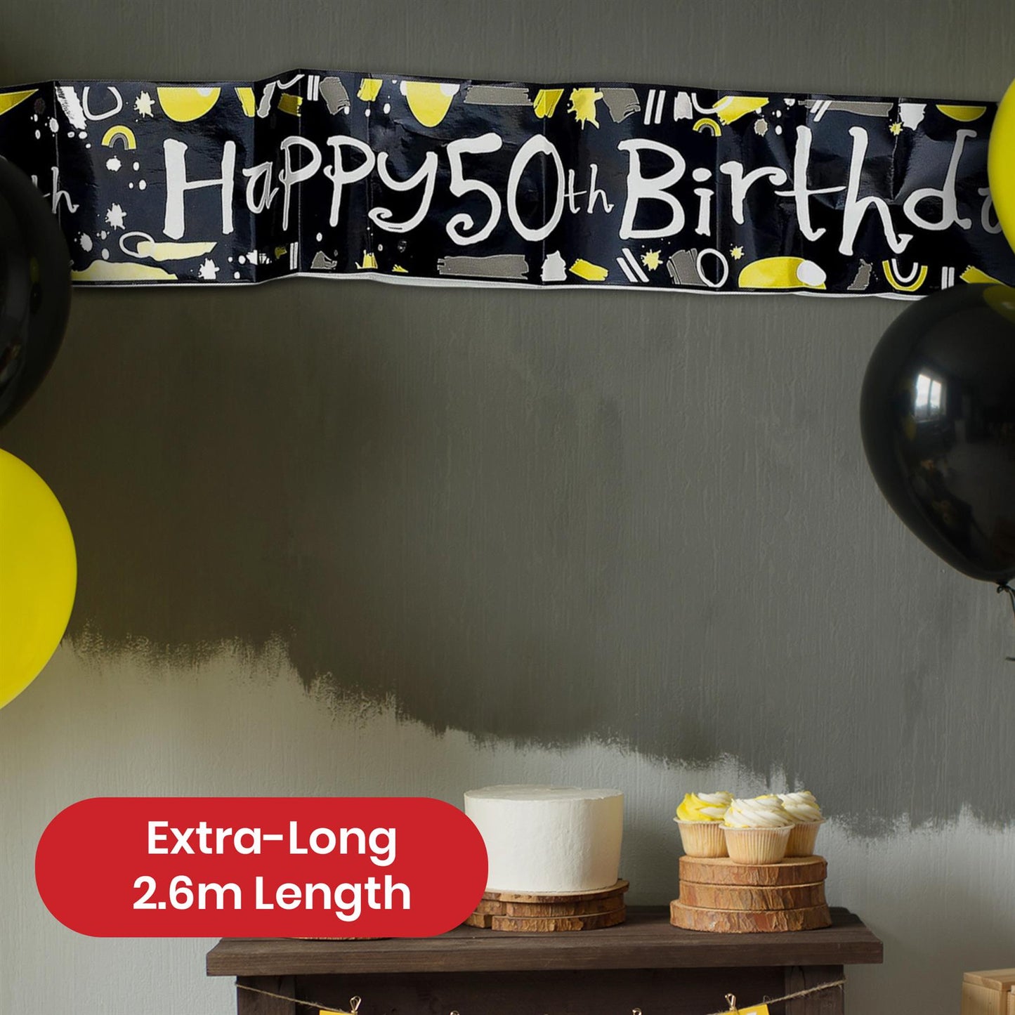 Happy 50th Birthday Black and White Recyclable Banner - 2.6m