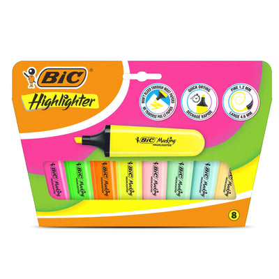 BIC 8x Marking Highlighter Flat Assorted Pastel & Neon Modular Tip for Precise Highlighting