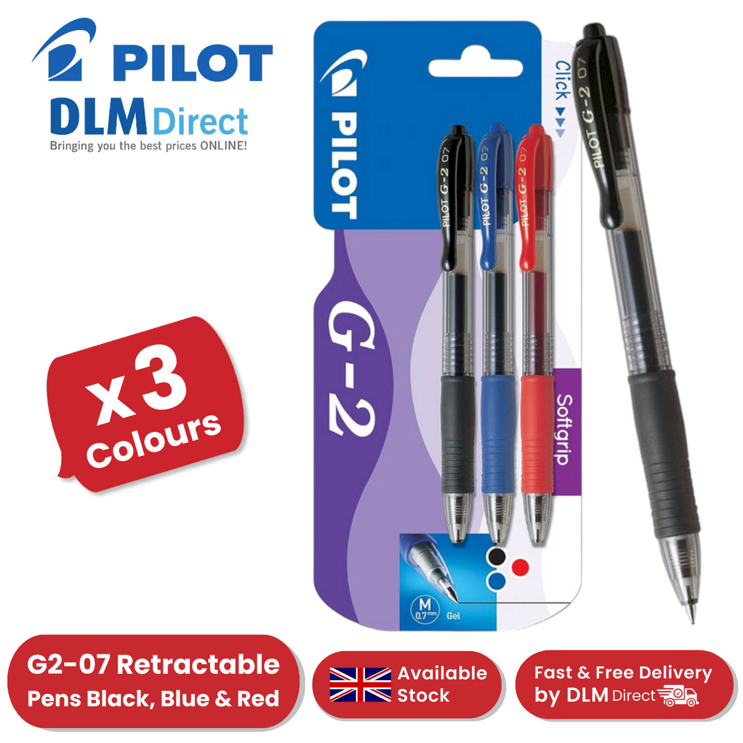 Pilot G2-07 - Black, Blue, Red - Blister pack of 3 - Pack of 1 to 5