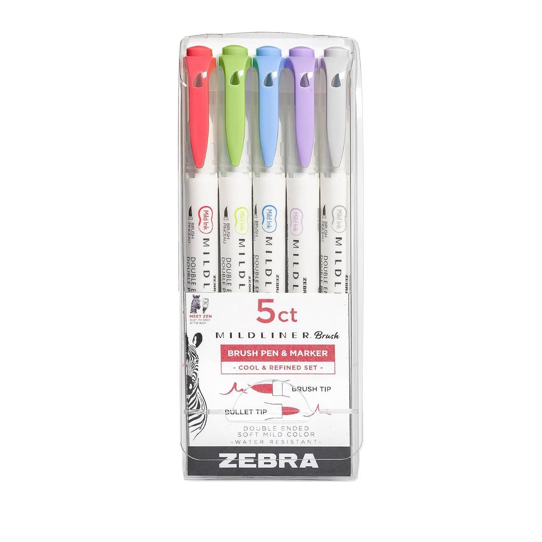 Zebra Mildliner Brush Highlighter - 5Pcs Dual Tip Pen, Assorted Colour Brush Pens for Colouring Book