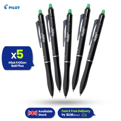 Pilot Frixion Ball Plus Green Erasable Pens 0.7mm Pack of 5 Smooth Writing Ink