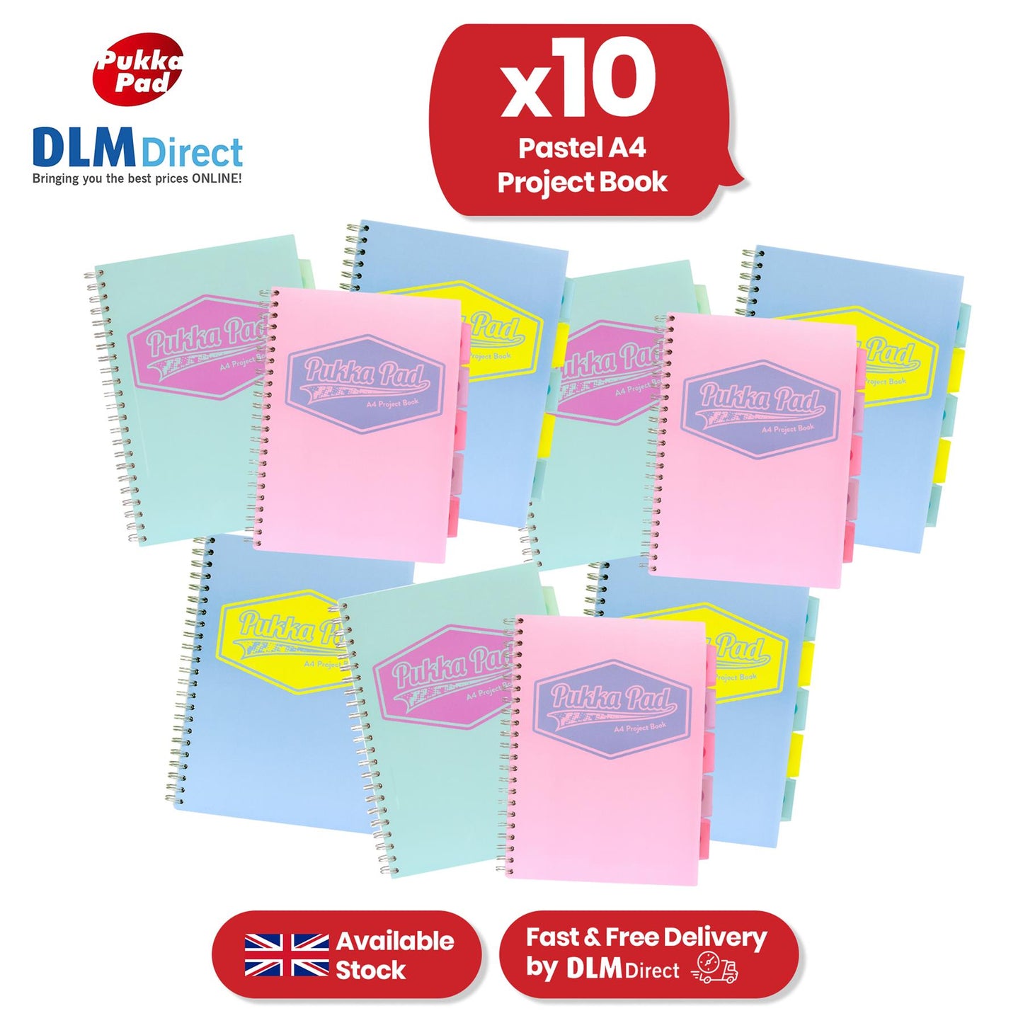 Pukka Pad Project Book - Assorted Pastel Divider Notebook, 200 Pages A4 Notepad for Meetings