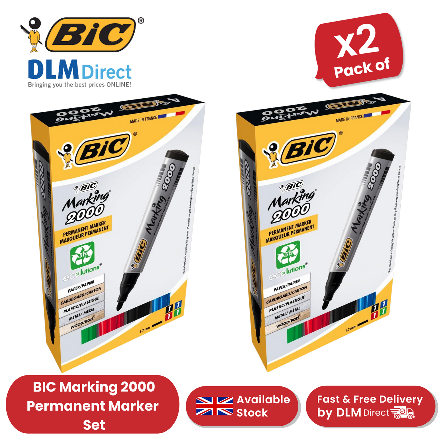 Bic 2000 Bullet Tip Permanent Marker Assorted Colours Pack of 4 Markers x2