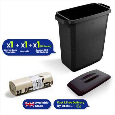 DURABIN 60L Black Bin Set and Black Lid and 25x 110L Recycled Bin Bags